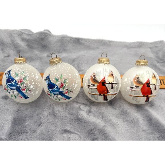 Vintage Krebs 4 Frosted Glass Christmas Ornaments With Cardinals & Blue Jays - Picture 1 of 8